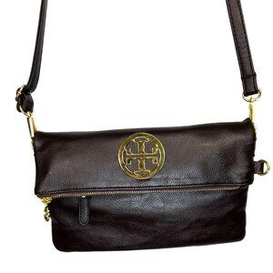 Tory Burch Foldover Convertible Leather Crossbody Bag In Dark Brown Leather and